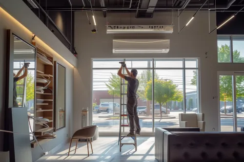 Installation de systèmes techniques dans un bâtiment professionnel moderne respectant les normes de sécurité