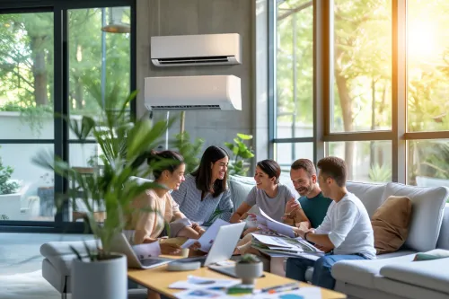 Climatisation réversible avec symbole d'économies et logos des dispositifs d'aides financières disponibles en 2024